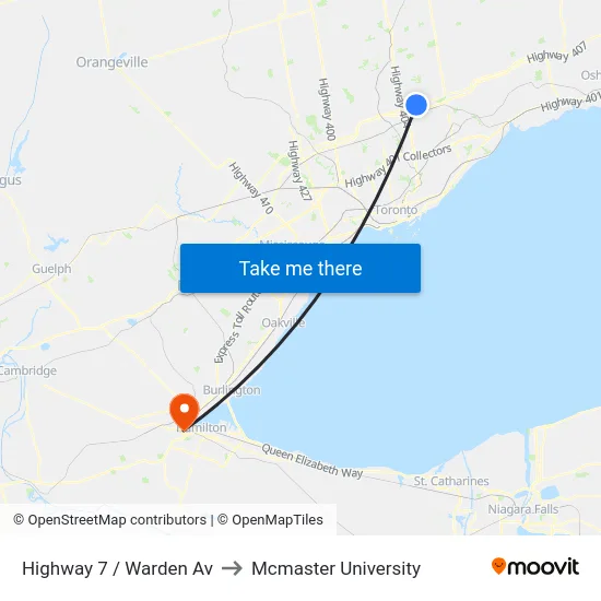 Highway 7 / Warden Av to Mcmaster University map