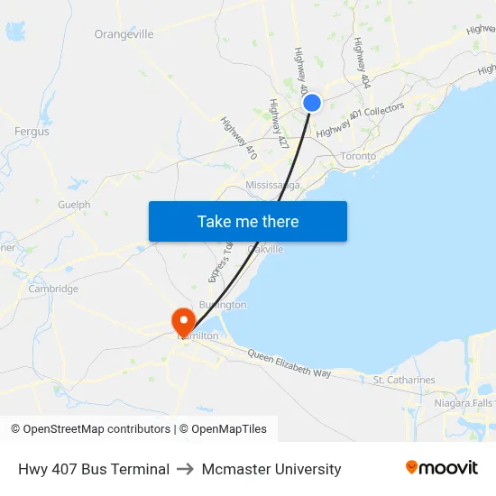 Hwy 407 Bus Terminal to Mcmaster University map