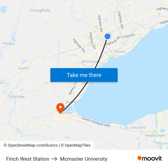 Finch West Station to Mcmaster University map