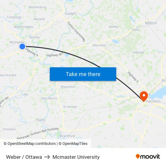 Weber / Ottawa to Mcmaster University map