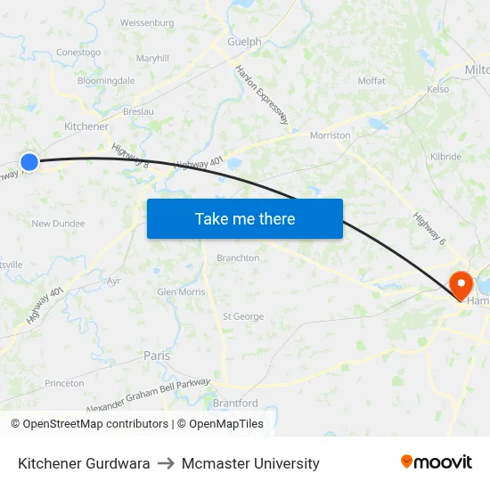 Kitchener Gurdwara to Mcmaster University map