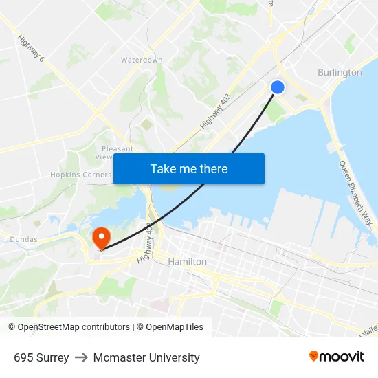 695 Surrey to Mcmaster University map