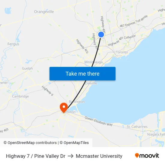 Highway 7 / Pine Valley Dr to Mcmaster University map