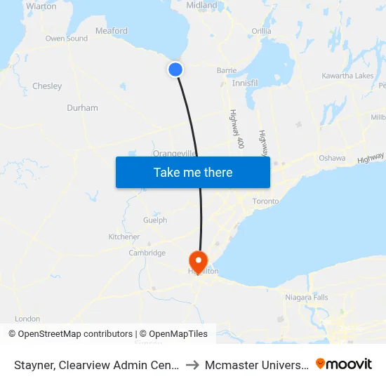 Stayner, Clearview Admin Centre to Mcmaster University map