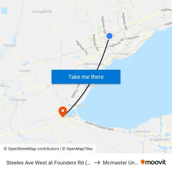 Steeles Ave West at Founders Rd (York University) to Mcmaster University map