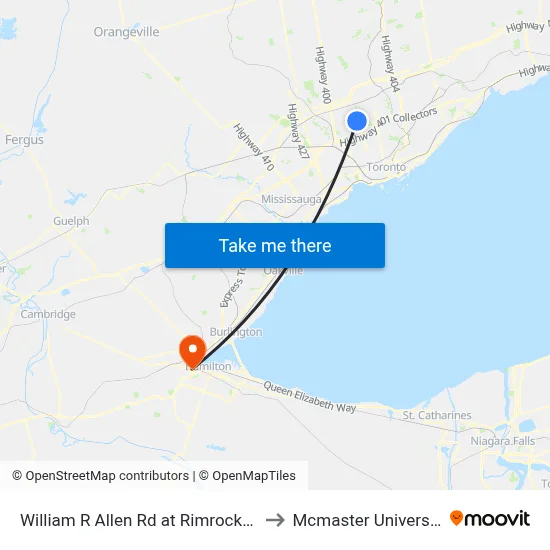 William R Allen Rd at Rimrock Rd to Mcmaster University map