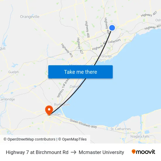 Highway 7 at Birchmount Rd to Mcmaster University map