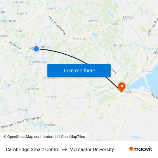 Cambridge Smart Centre to Mcmaster University map