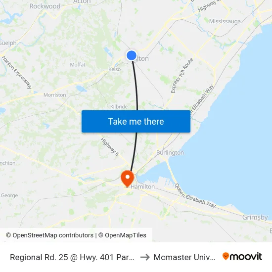 Regional Rd. 25 @ Hwy. 401 Park & Ride to Mcmaster University map