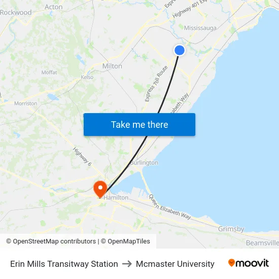Erin Mills Transitway Station to Mcmaster University map