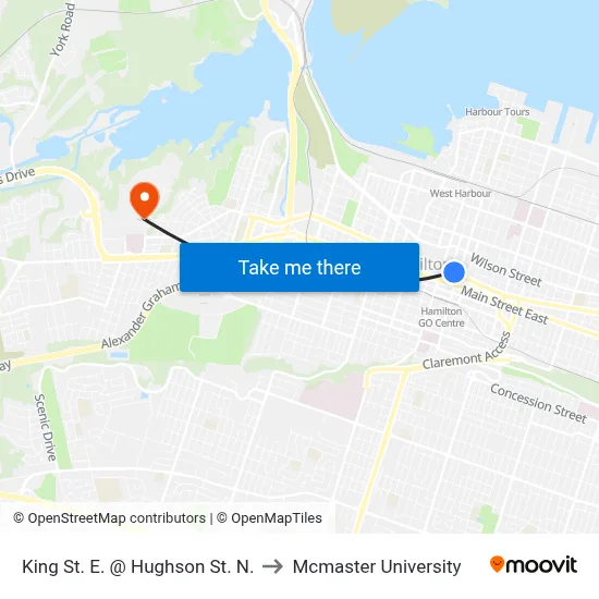 King St. E. @ Hughson St. N. to Mcmaster University map