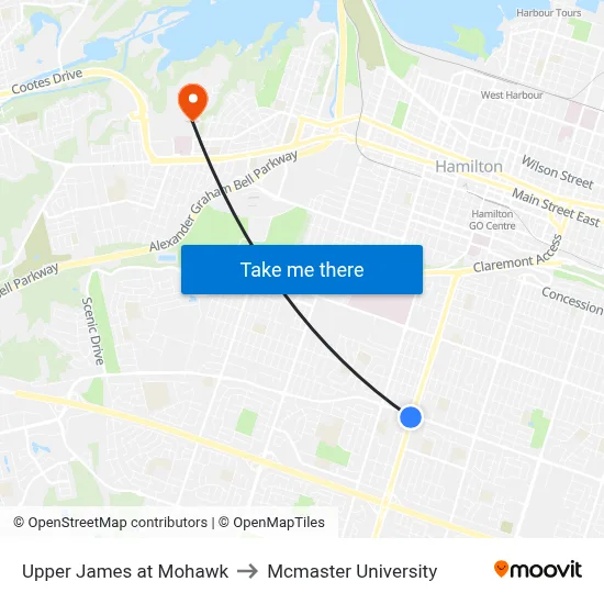 Upper James at Mohawk to Mcmaster University map