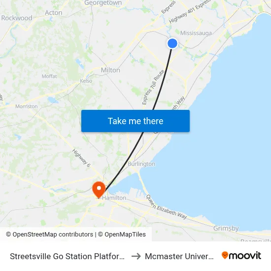 Streetsville Go Station Platform 3 to Mcmaster University map