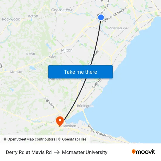 Derry Rd at Mavis Rd to Mcmaster University map