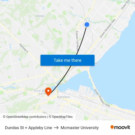 Dundas St + Appleby Line to Mcmaster University map
