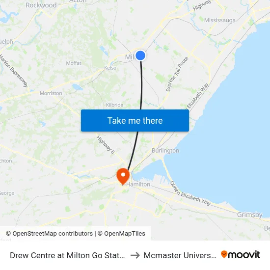 Drew Centre at Milton Go Station to Mcmaster University map