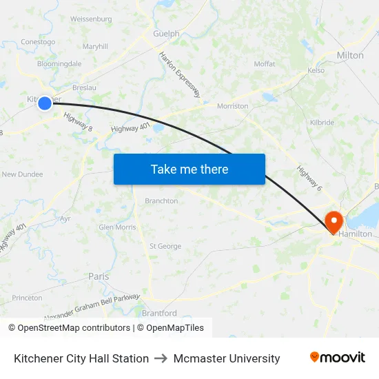 Kitchener City Hall Station to Mcmaster University map