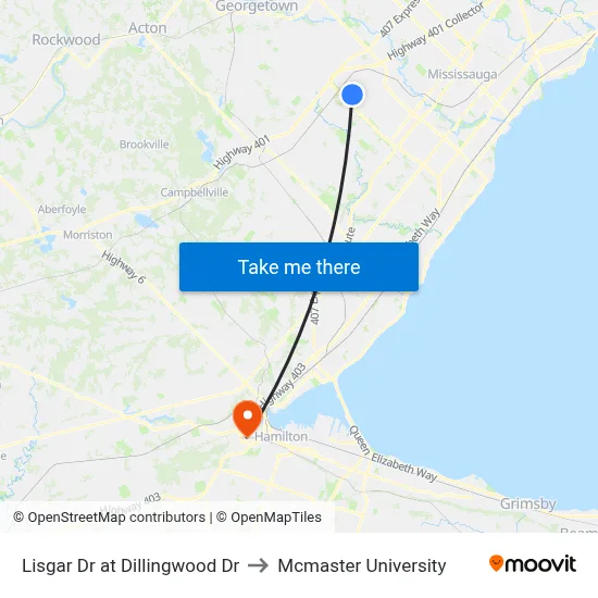 Lisgar Dr at Dillingwood Dr to Mcmaster University map