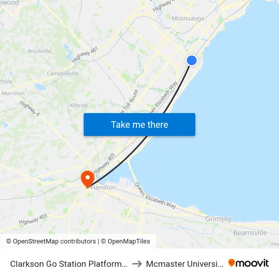 Clarkson Go Station Platform 9 to Mcmaster University map
