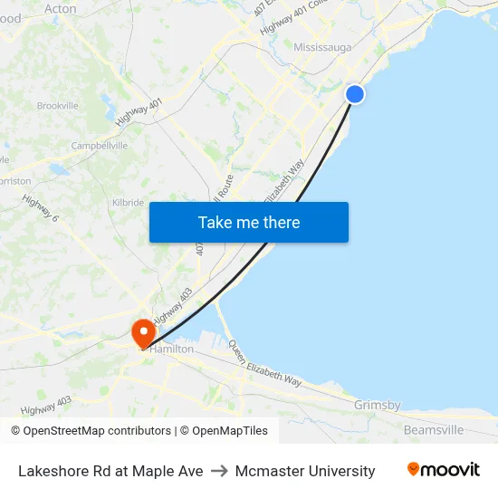 Lakeshore Rd at Maple Ave to Mcmaster University map