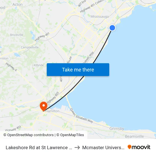 Lakeshore Rd at St Lawrence Dr to Mcmaster University map