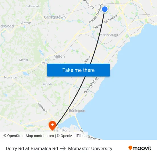 Derry Rd at Bramalea Rd to Mcmaster University map