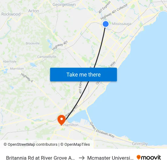 Britannia Rd at River Grove Ave to Mcmaster University map