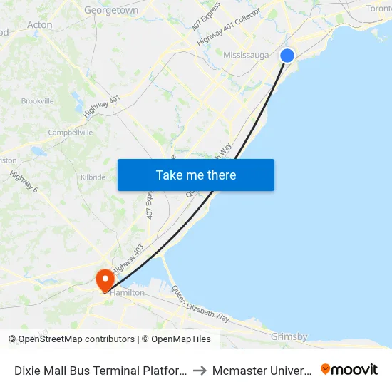 Dixie Mall Bus Terminal Platform B to Mcmaster University map