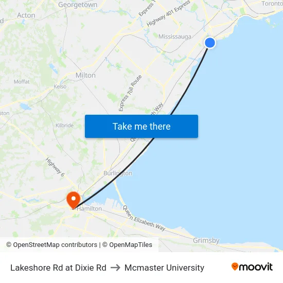 Lakeshore Rd at Dixie Rd to Mcmaster University map