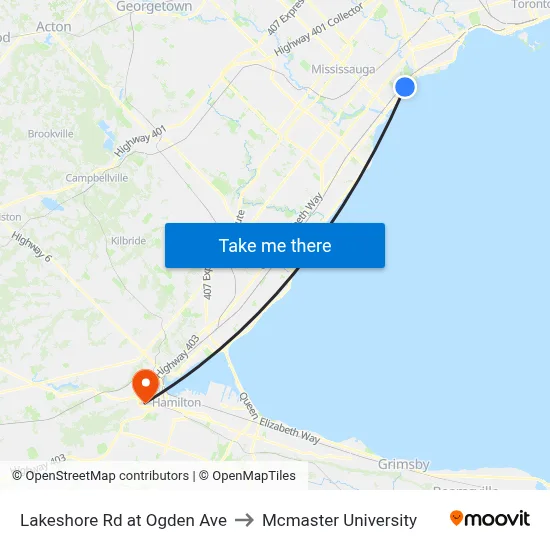 Lakeshore Rd at Ogden Ave to Mcmaster University map