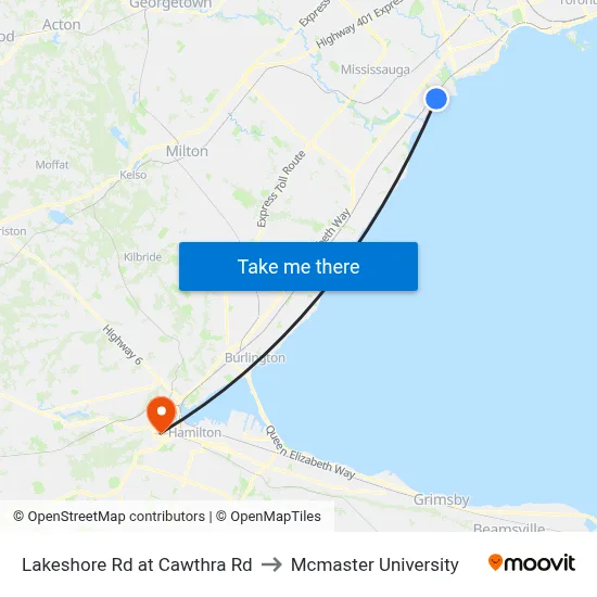 Lakeshore Rd at Cawthra Rd to Mcmaster University map