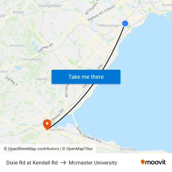 Dixie Rd at Kendall Rd to Mcmaster University map