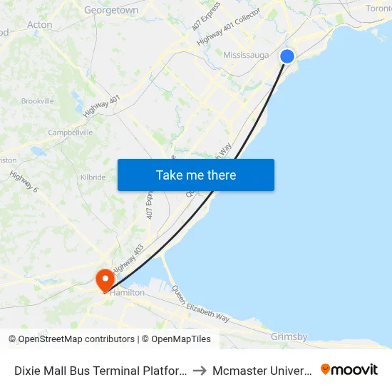 Dixie Mall Bus Terminal Platform A to Mcmaster University map