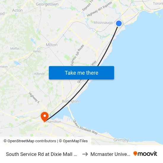 South Service Rd at Dixie Mall Access to Mcmaster University map