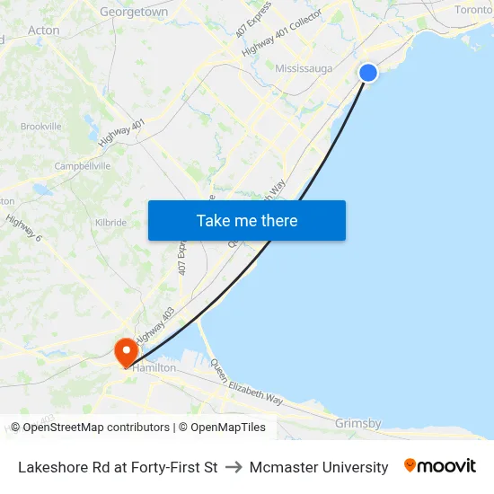 Lakeshore Rd at Forty-First St to Mcmaster University map