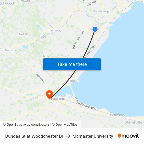 Dundas St at Woodchester Dr to Mcmaster University map