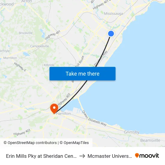 Erin Mills Pky at Sheridan Centre to Mcmaster University map