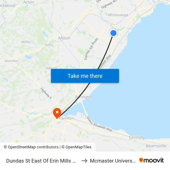 Dundas St East Of Erin Mills Pky to Mcmaster University map