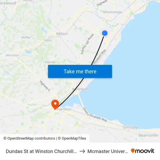 Dundas St at Winston Churchill Blvd to Mcmaster University map
