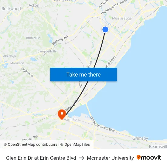 Glen Erin Dr at Erin Centre Blvd to Mcmaster University map