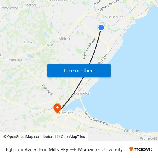 Eglinton Ave at Erin Mills Pky to Mcmaster University map