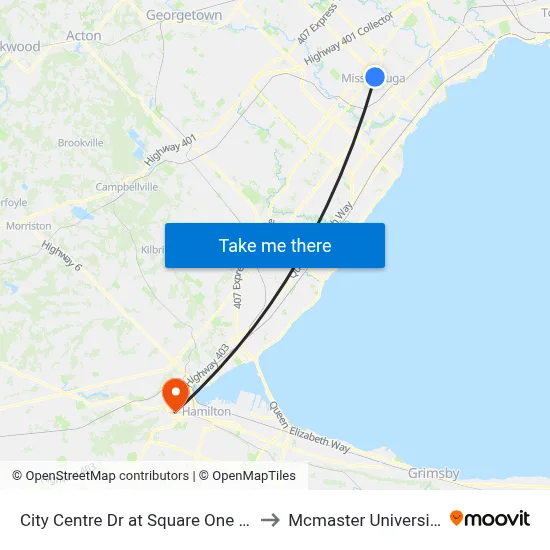 City Centre Dr at Square One Dr to Mcmaster University map