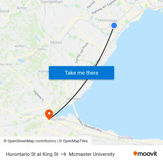 Hurontario St at King St to Mcmaster University map