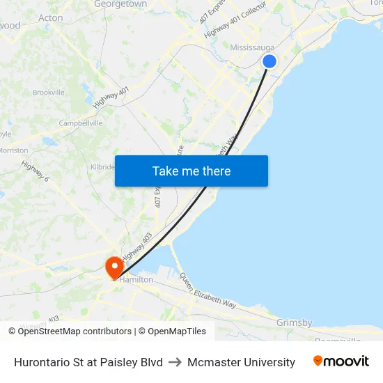 Hurontario St at Paisley Blvd to Mcmaster University map