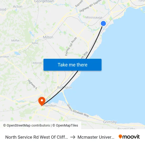 North Service Rd West Of Cliff Rd to Mcmaster University map