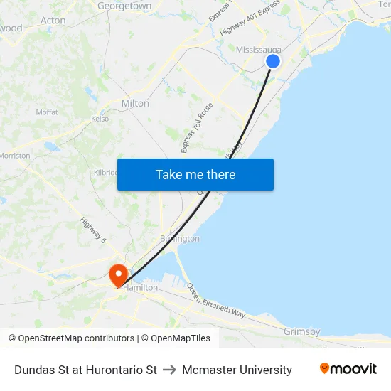 Dundas St at Hurontario St to Mcmaster University map