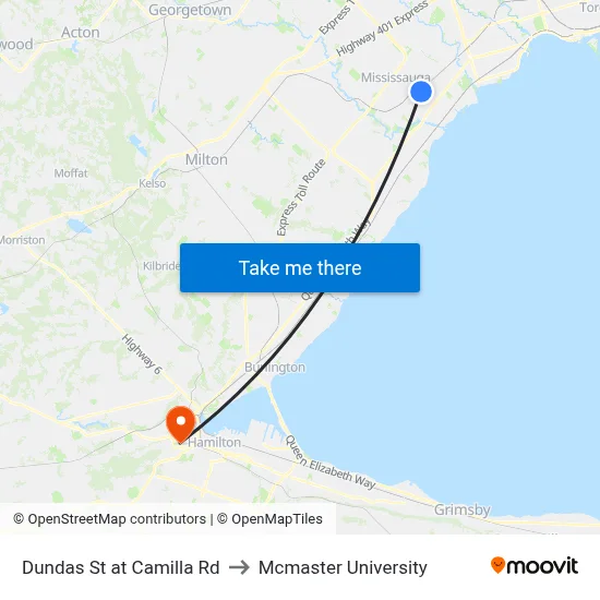 Dundas St at Camilla Rd to Mcmaster University map