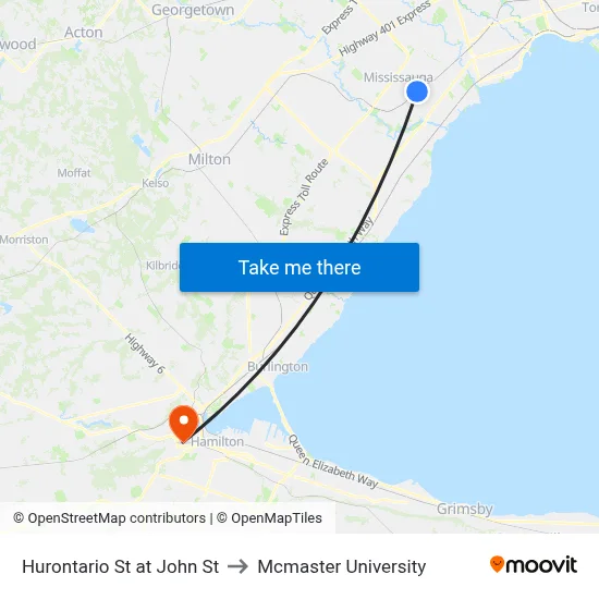 Hurontario St at John St to Mcmaster University map