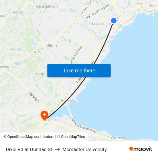 Dixie Rd at Dundas St to Mcmaster University map