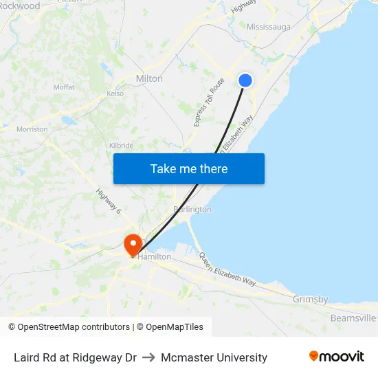 Laird Rd at Ridgeway Dr to Mcmaster University map